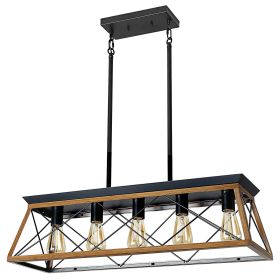 32" Walnut Industrial 5-Light Pendant Chandelier, Modern Metal Cage Design, Adjustable Hanging Light for Dining Room, Kitchen, Living Room (No Bu