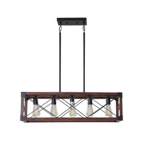 (Same as W1340P155968/L1011-RW) 32" Red Wood Industrial Farmhouse Rectangle Pendant Light, 5-Light Chandelier for Dining Room, Kitchen Island