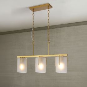 Modern Gold 3-Light Linear Chandelier, E26 Base, Adjustable Height Pendant Light with Milky White Frosted Glass Shades