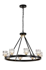 Matte Black + Gold Wagon Wheel Chandelier Farmhouse Modern Small Crystal Round Chandelier for Living Room Kitchen Island Foyer Hallway Entryway B