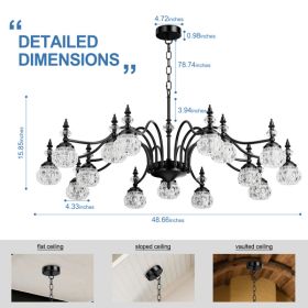 15 Lights Black Vintage Crystal Chandelier Farmhouse Round Hanging Light Fixture for Dining Room Living Room Bedroom